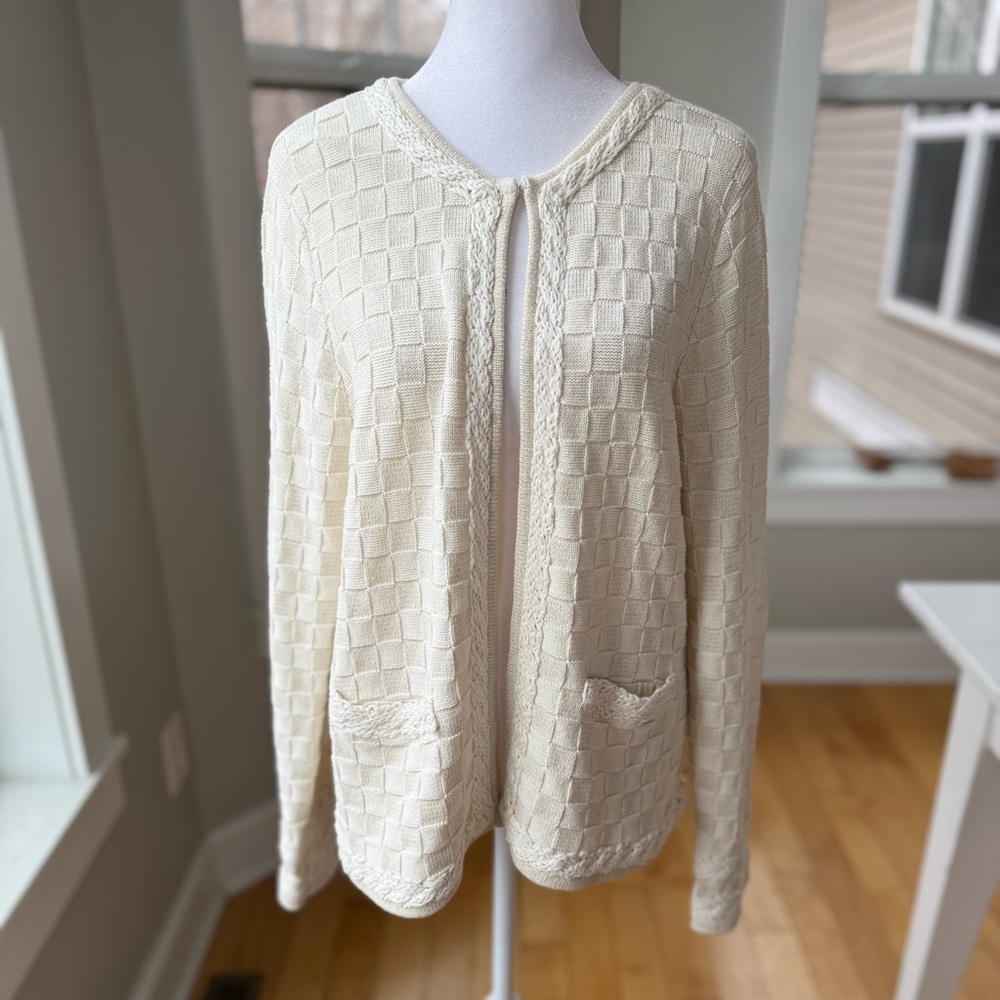 Vintage Laura Ashley Ivory Gold Metallic Basketweave Knit Cardigan Sweater Large